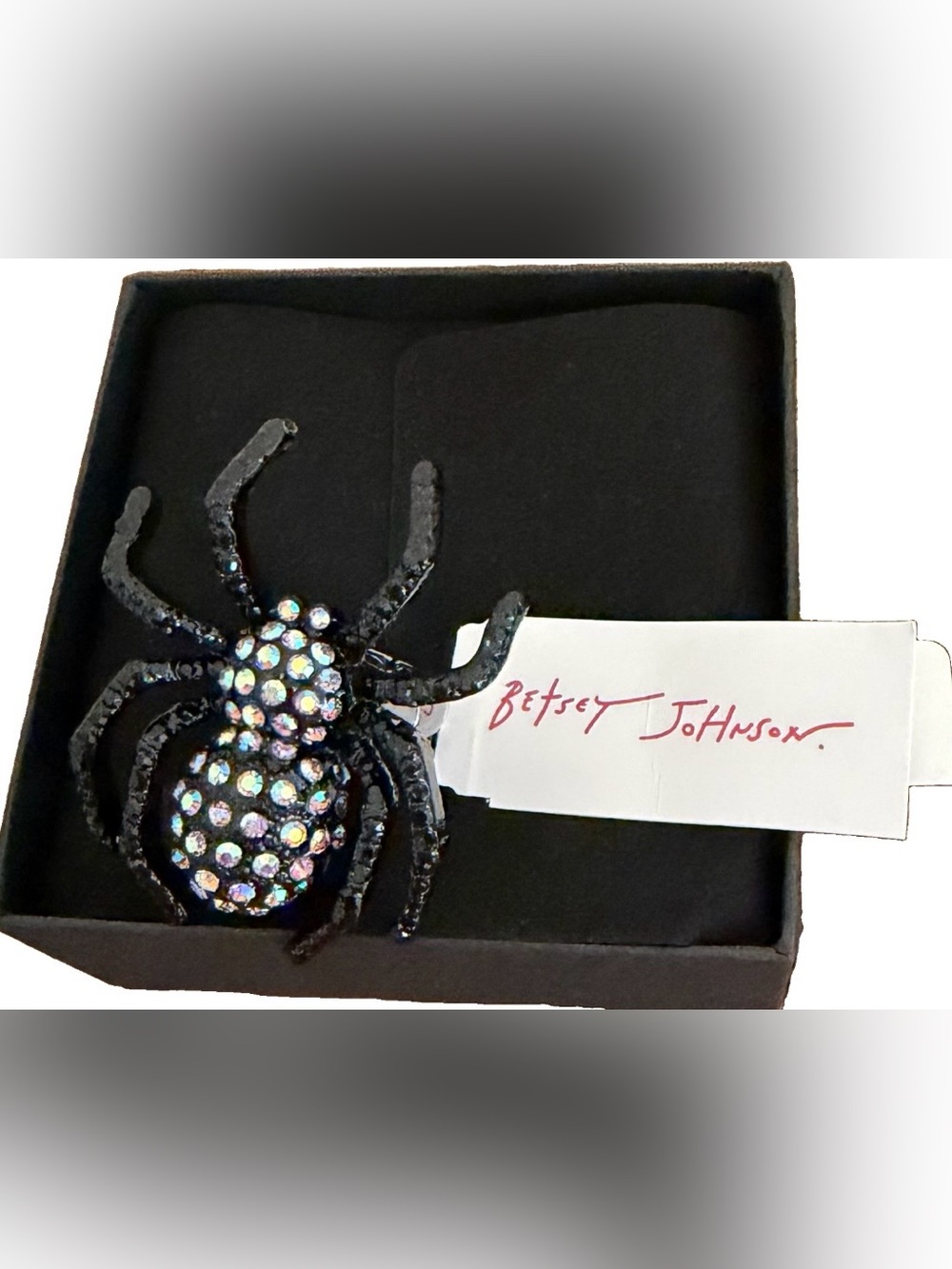 Betsey Johnson Black Spider Stretchy Ring with Iridescent Crystals NWT